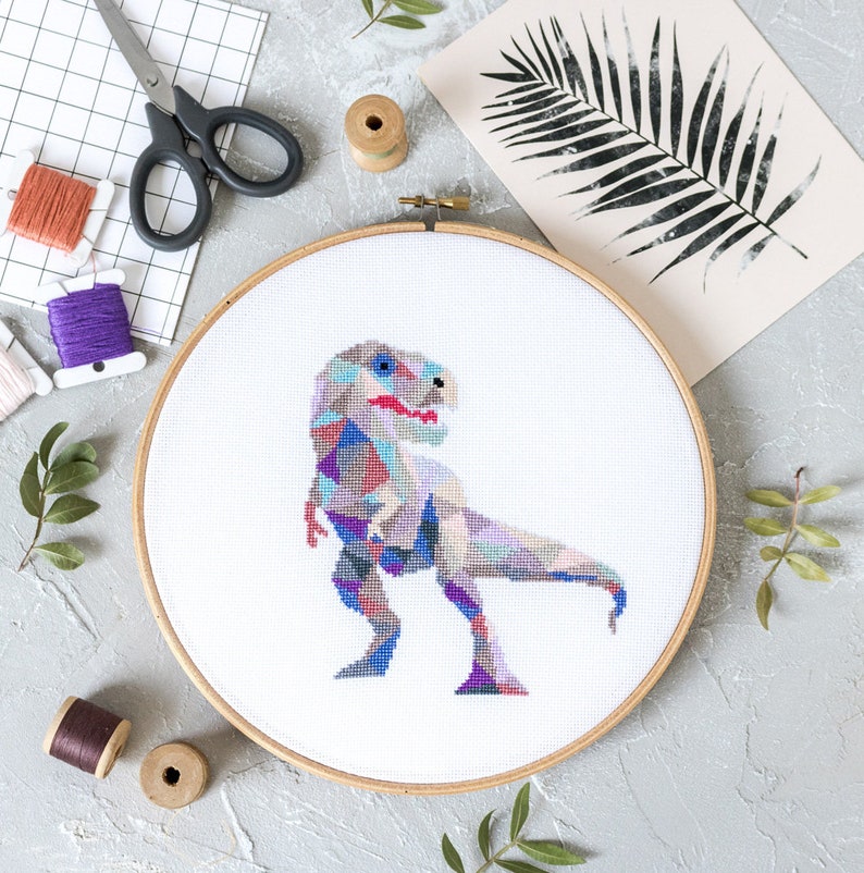 Geometric TRex Dinosaur Cross Stitch Kit Modern Embroidery Etsy