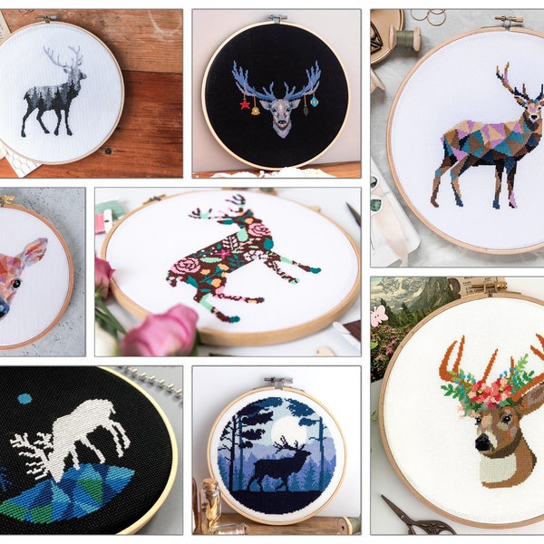 8 Deer Cross Stitch Patterns Bundle. Modern Hand Embroidery Designs Set, Easy-to-Follow Charts