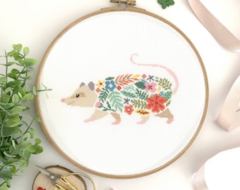 Floral Opossum Cross Stitch Pattern PDF | Modern Animal Hand Embroidery Design | Pattern Keeper Compatible Easy to Follow Xstitch Chart