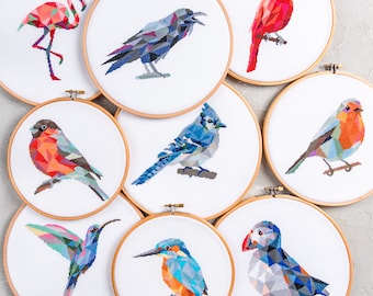 9 Birds Cross Stitch PDF Patterns Bundle - Modern Geometric Hand Embroidery Designs Set