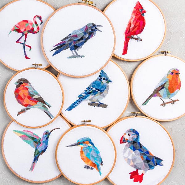 9 Birds Cross Stitch PDF Patterns Bundle - Modern Geometric Hand Embroidery Designs Set