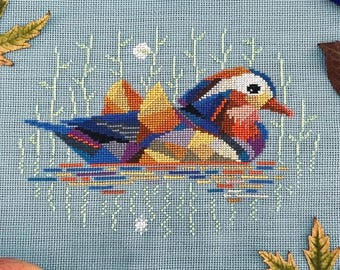 Patrón de punto de cruz de pato mandarín en PDF / Diseño geométrico de bordado de pájaro / Bordado moderno de aves acuáticas coloridas / Descarga instantánea