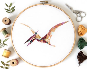 Dinosaur Cross Stitch Pattern, Geometric Pterodactylus Embroidery Design, Modern Nursery Decor