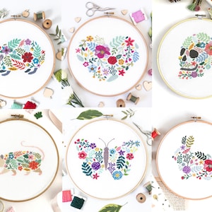 6 Floral Cross Stitch PDF Patterns Bundle - Modern Hedgehog, Opossum, Butterfly, Rabbit, Heart, Skull Counted Xstitch Designs Set