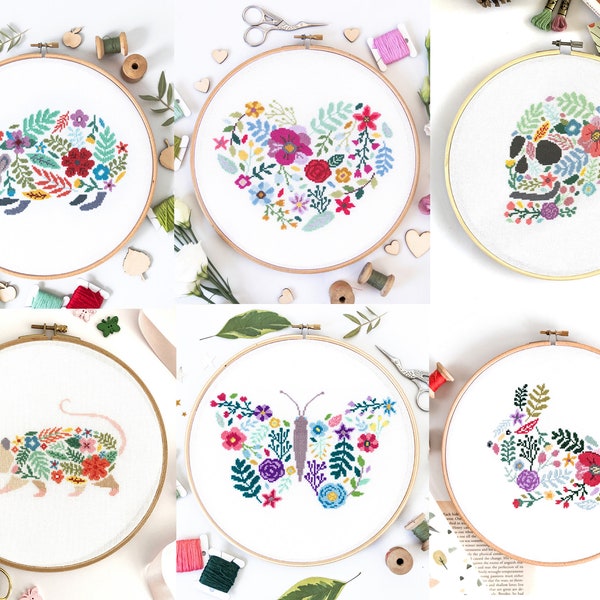 6 Floral Cross Stitch PDF Patterns Bundle - Modern Hedgehog, Opossum, Butterfly, Rabbit, Heart, Skull Counted Xstitch Designs Set