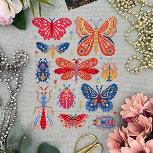 Kreuzstich-Muster „Wings of Spring“ – bunte Schmetterlinge, Motten, Käfer, Käfer – modernes, von der Natur inspiriertes PDF-Design