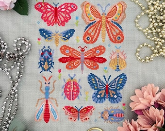 Patrón de punto de cruz "Alas de Primavera": Mariposas, polillas, escarabajos e insectos de colores. Diseño de bordado moderno inspirado en la naturaleza (PDF).