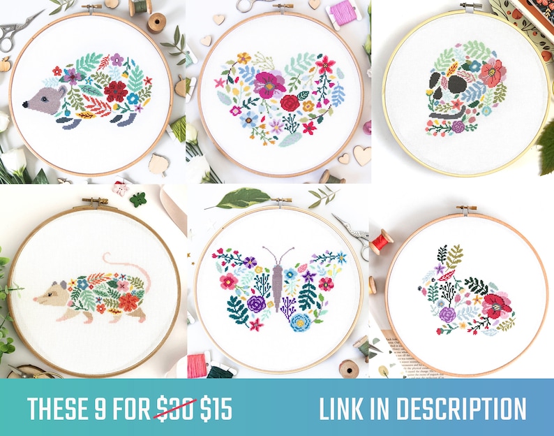K&ouml;nnte beinhalten: Neun Stickmuster in Stickrahmen mit floralen Designs und verschiedenen Tieren und Objekten, darunter ein Igel, ein Herz, ein Sch&auml;del, ein Schmetterling und ein Kaninchen. Der Text "THESE 9 FOR $30 $15" und "LINK IN DESCRIPTION" ist unten im Bild sichtbar.