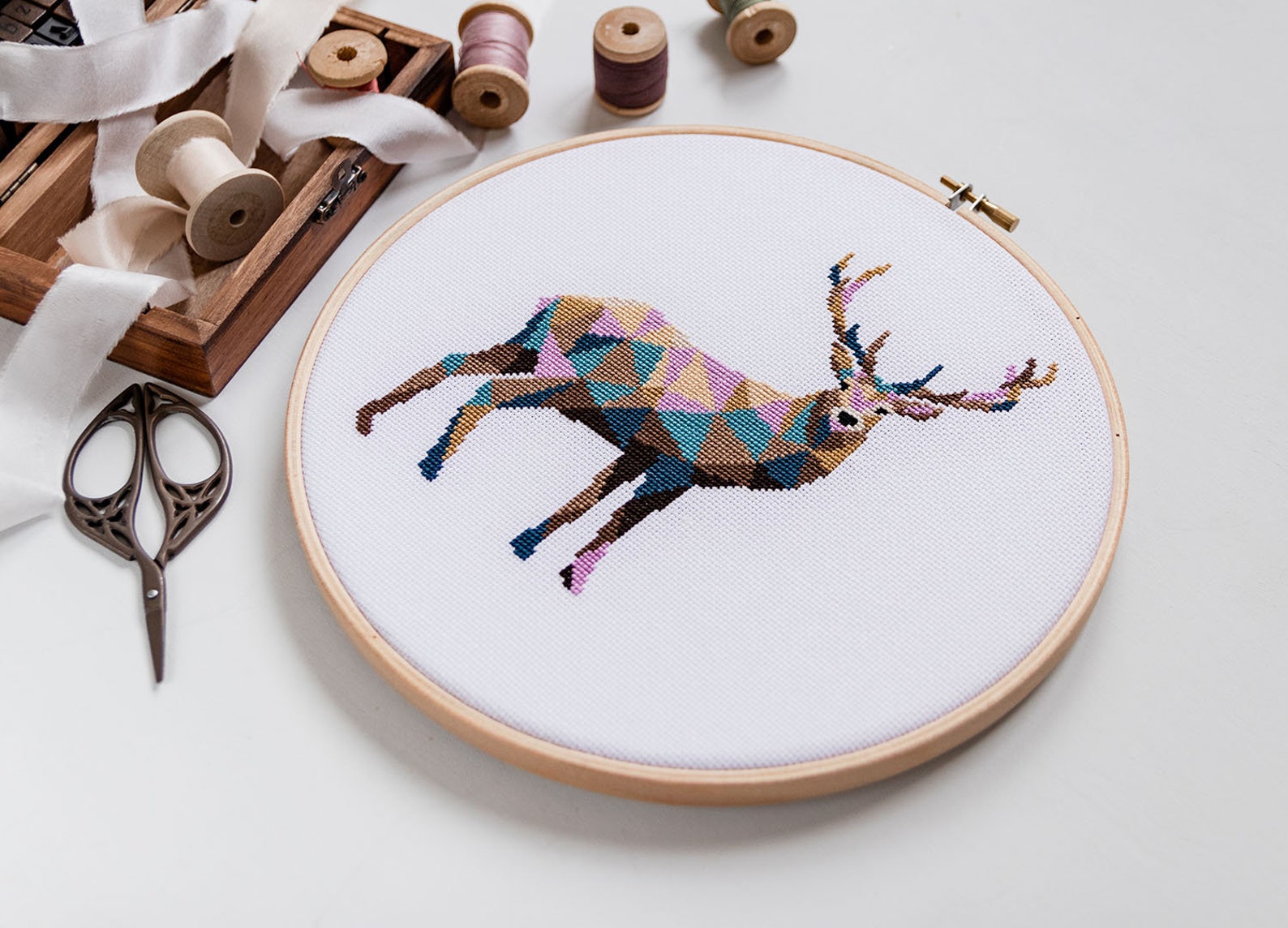 Geometric Deer Cross Stitch Kit Easy Embroidery DIY Kit Etsy