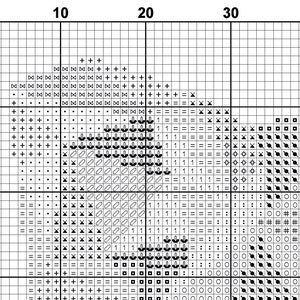 May include: Black and white cross stitch pattern chart with symbols for a design featuring a bird, flowers, and a heart. The chart is numbered with rows and columns.