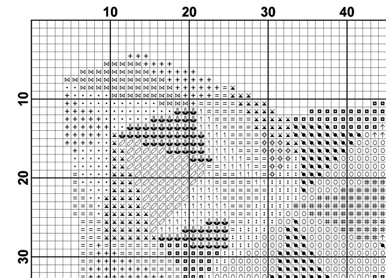 May include: Black and white cross stitch pattern chart with symbols for a design featuring a bird, flowers, and a heart. The chart is numbered with rows and columns.