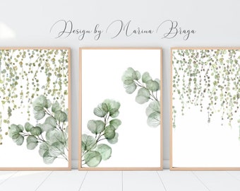 Watercolor Eucalyptus with hanging plants printable  wall art- Set of 3 Minimalist decor- Botanical decor -Leaves Printable digital download