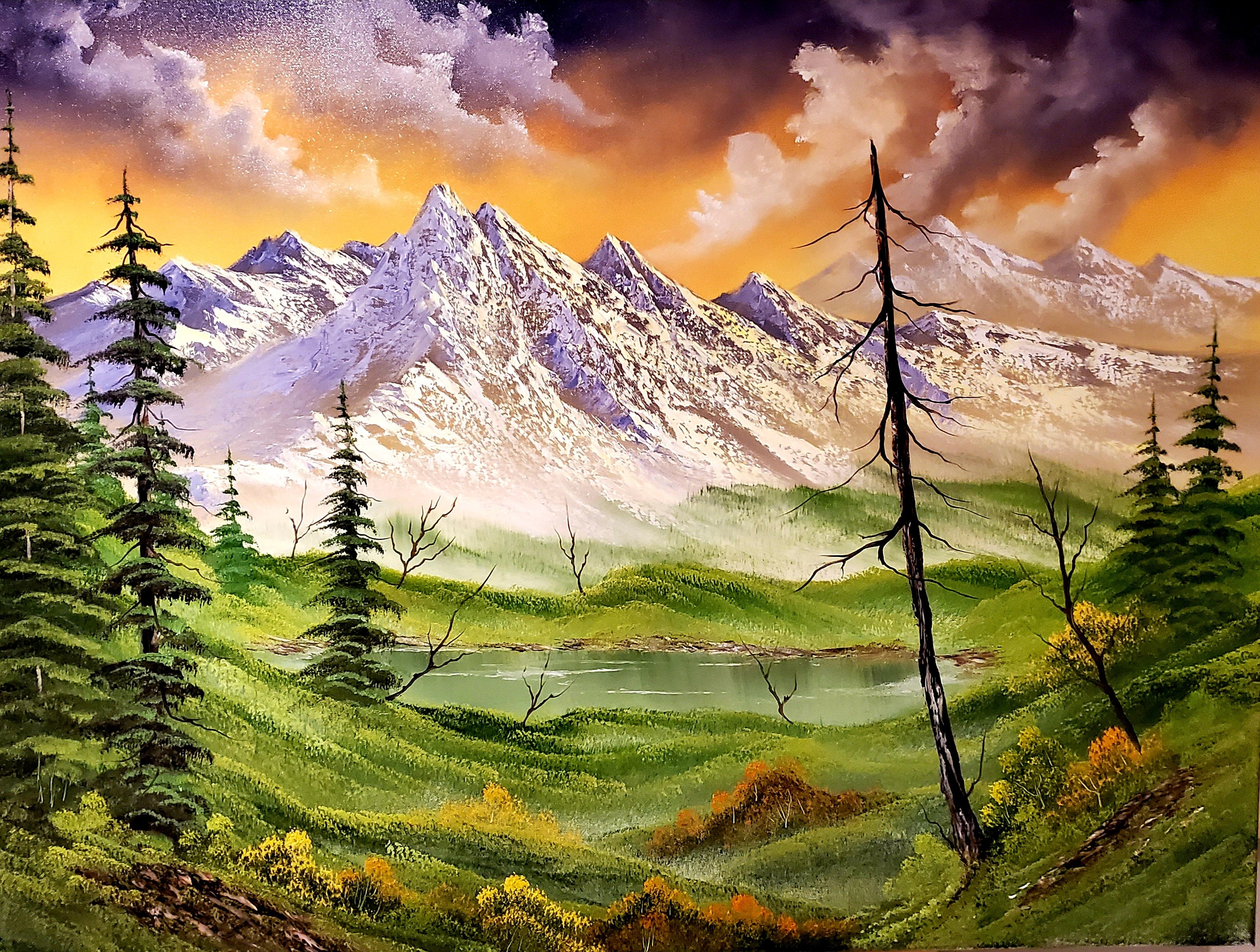 Bob Ross Style Original Painting mountain Meadows on 30x40 Inch Canvas 
