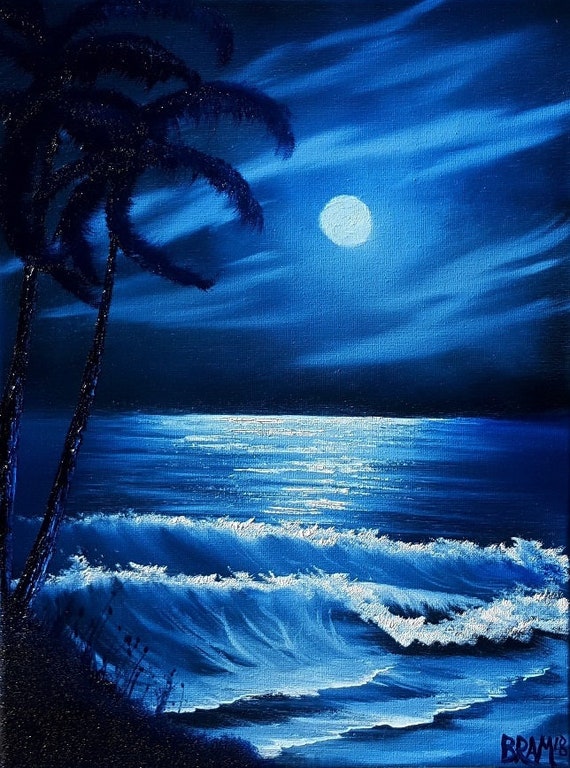 Bob Ross Style Original Oil Seascape painting Moonlit | Etsy