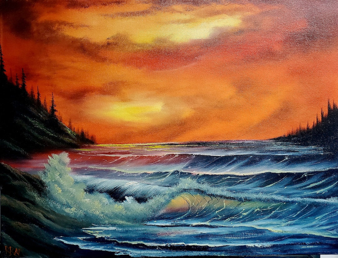 Bob Ross Style Original Painting sunset Cove Seascape on 18x24 Inch - Where Can I Buy A Bob Ross Painting