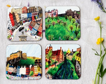 Set of 4 Edinburgh Coasters, Edinburgh castle, Victoria Street Dean Village