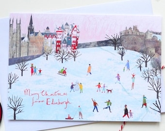 Edinburgh Christmas Card. Merry Christmas from Edinburgh. Snowy Edinburgh Castle and Ramsay Gardens
