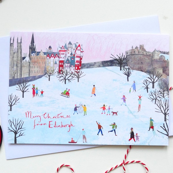 Edinburgh Christmas Card. Merry Christmas from Edinburgh. Snowy Edinburgh Castle and Ramsay Gardens