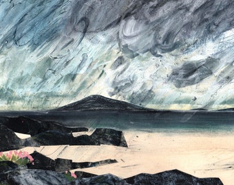 Isle of Harris print, Sea Pinks at Northton, Scottish beach, Machair flowers, Outer hebredies art, Scottish Landscape