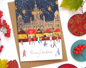 Glasgow Christmas card. George Square, City chambers, Christmas Markets.