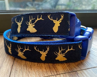 Dog collar, gold stags on navy