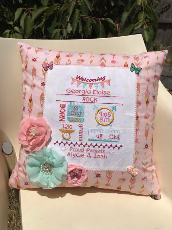 embroidered birth announcement pillow