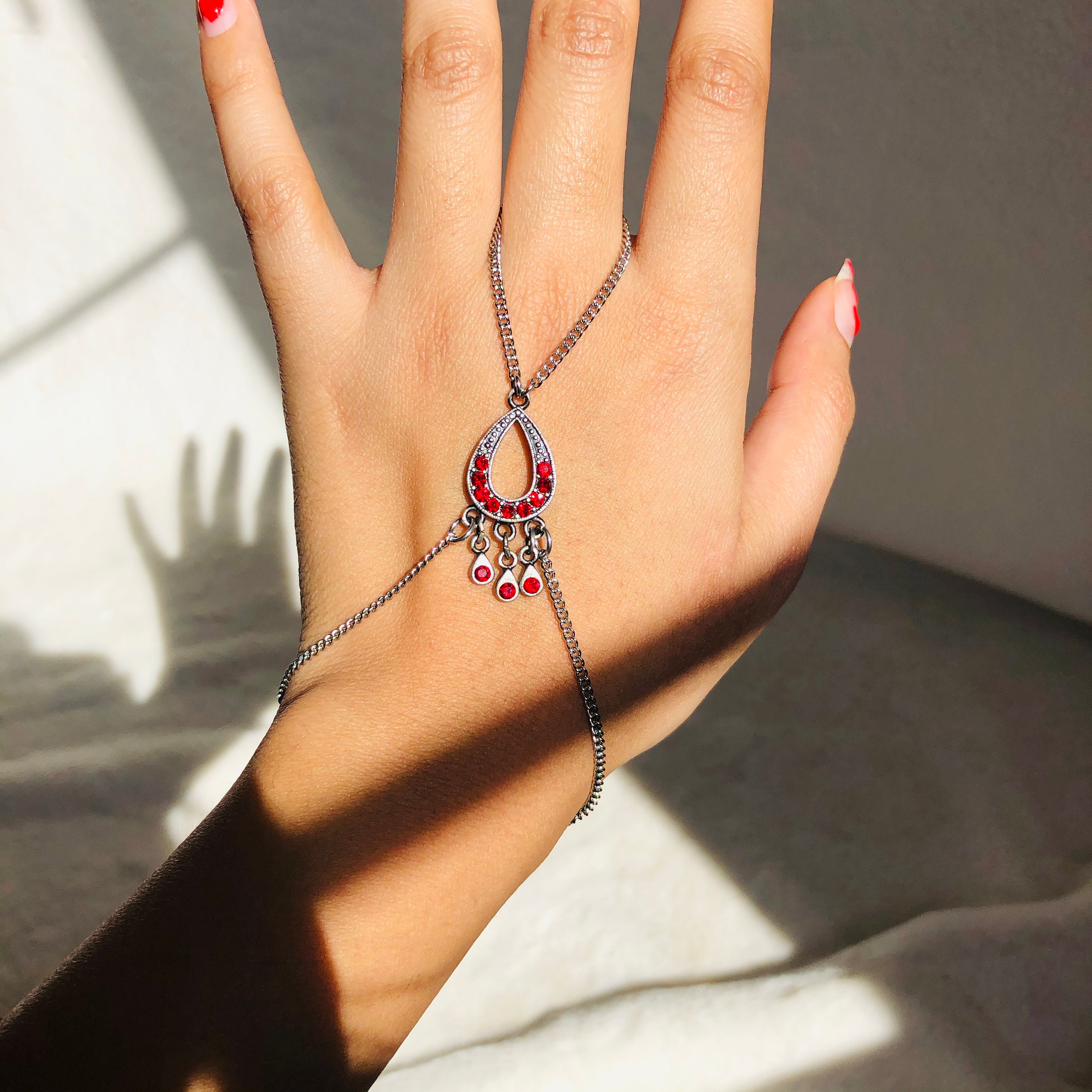 Red Beaded Hand Chain Ring Bracelet Combo Finger Bracelet Bracelet
