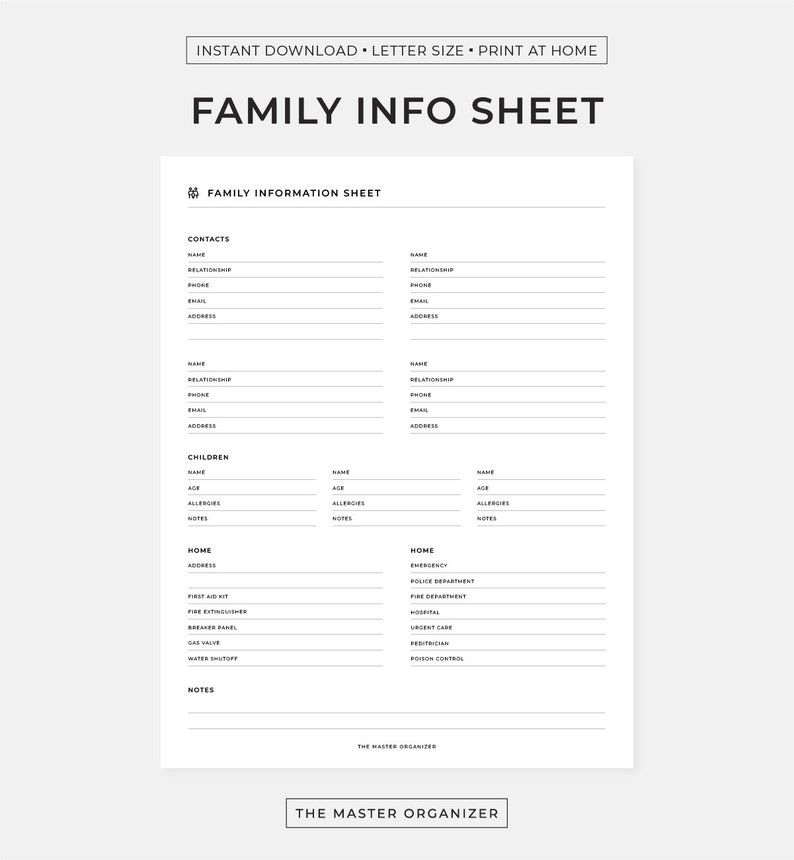 Family Information Sheet Printable Minimalist Letter Size - Etsy