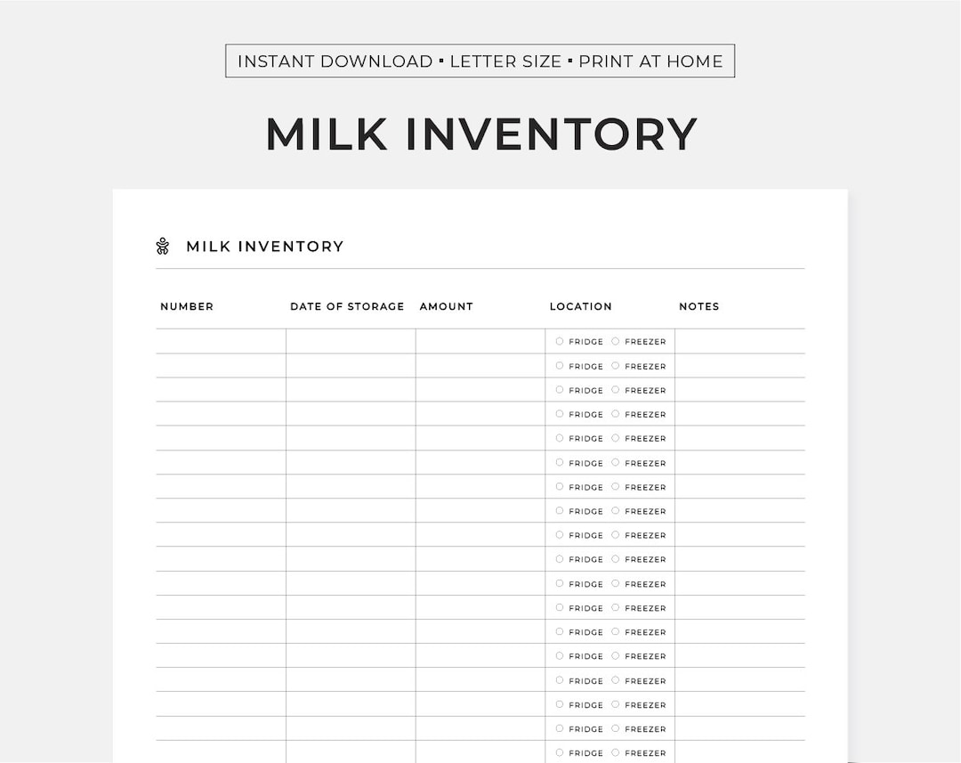 Milk Inventory Log Tracker Printable Minimalist Letter Etsy