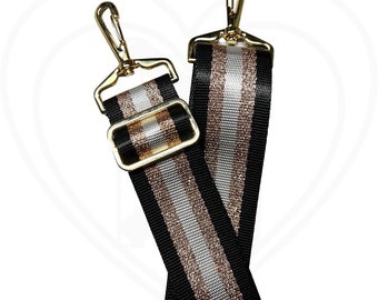 Correa de repuesto para bandolera, color negro y oro rosa, herrajes dorados, detalles brillantes con purpurina, 137 cm de largo.