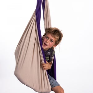 Puede incluir: Un columpio sensorial beige y morado suspendido de un mosquet&oacute;n de metal. El columpio est&aacute; hecho de tela suave y est&aacute; dise&ntilde;ado para ni&ntilde;os. Un ni&ntilde;o est&aacute; dentro del columpio, mirando hacia afuera con una expresi&oacute;n emocionada. El fondo es blanco.