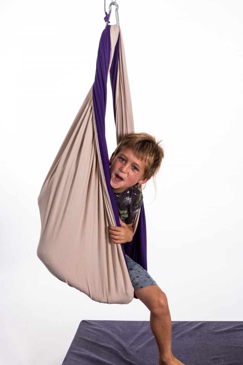 Puede incluir: Un columpio sensorial beige y morado suspendido de un mosquet&oacute;n de metal. El columpio est&aacute; hecho de tela suave y est&aacute; dise&ntilde;ado para ni&ntilde;os. Un ni&ntilde;o est&aacute; dentro del columpio, mirando hacia afuera con una expresi&oacute;n emocionada. El fondo es blanco.