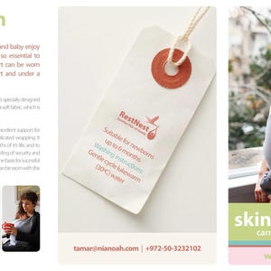 May include: A gray skin2skin carrier shirt with a sleeping baby held by a person. The shirt is designed for newborns up to 6 months old. The image also includes a tag with washing instructions.