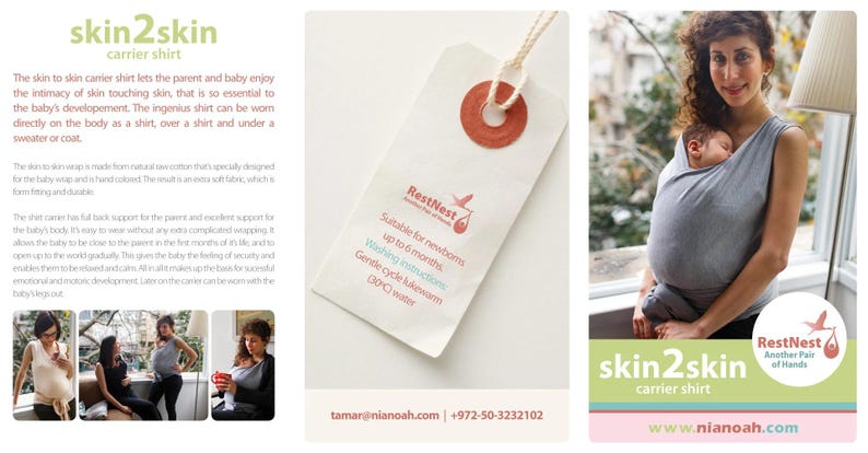 May include: A gray skin2skin carrier shirt with a sleeping baby held by a person. The shirt is designed for newborns up to 6 months old. The image also includes a tag with washing instructions.