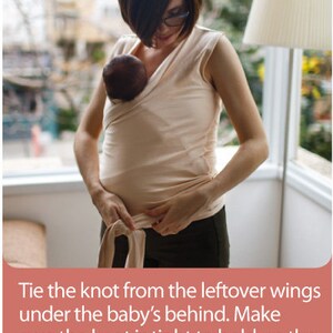 May include: A woman wearing a beige baby wrap, holding a baby. The wrap is tied around the woman's torso. The image includes the number 5 in a white circle and instructions on how to tie the wrap.
