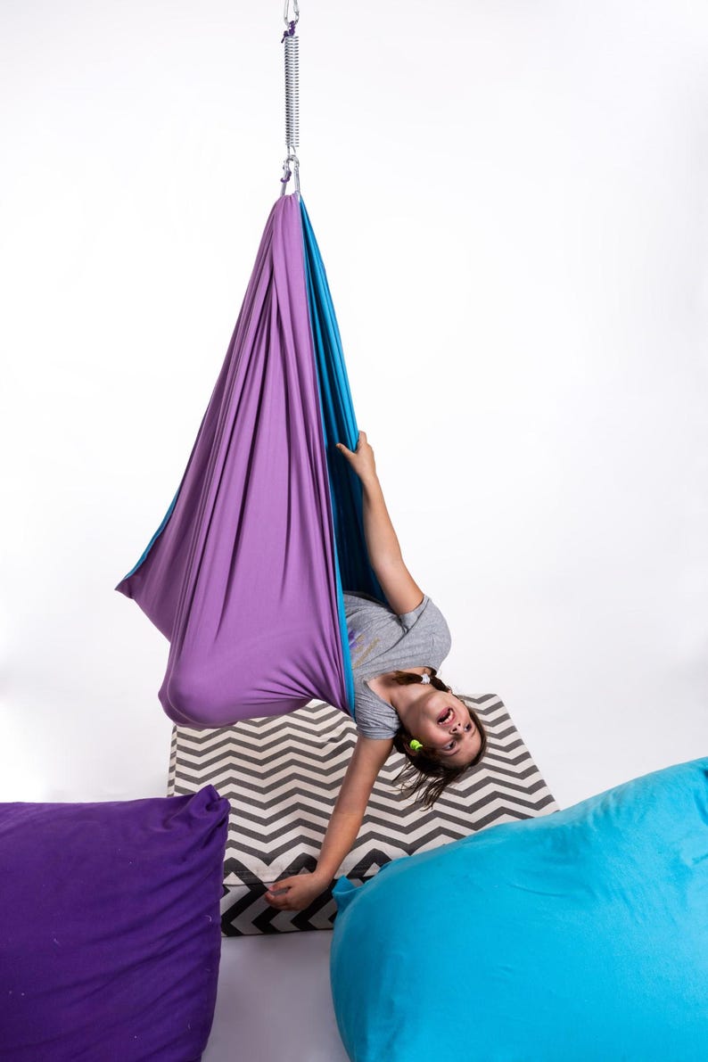 Kids Swing Chair - Hanging Indoor Sensory Hammock for Kids Room, Montessori Furniture Sky Blue + Purple