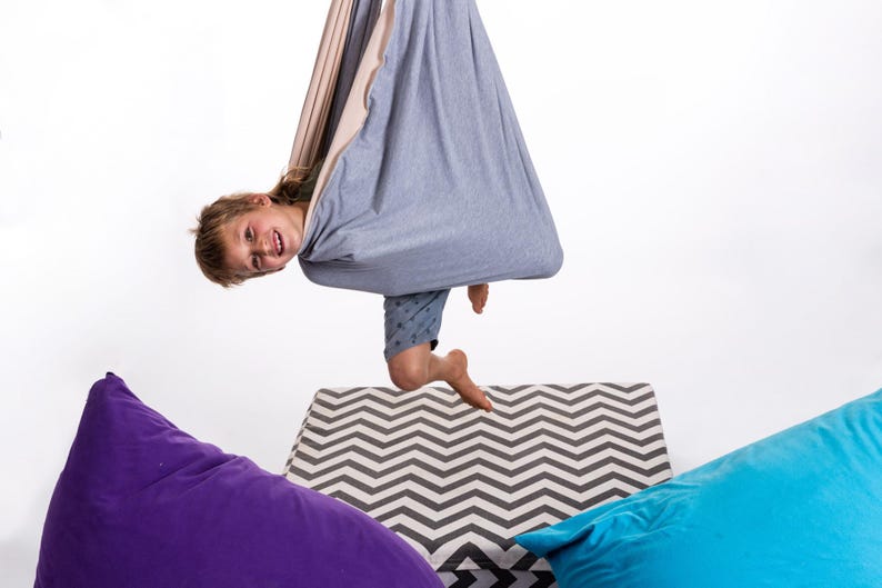 Kids Swing Chair - Hanging Indoor Sensory Hammock for Kids Room, Montessori Furniture Gray + Cream
