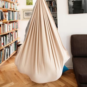 May include: A beige fabric hanging chair suspended from the ceiling. The chair is in a room with a bookshelf filled with books, a brown sofa, and a wooden floor. The chair is the focal point.