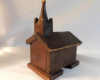 Folk Art Church Bank Early Americana Carved Wood 19thC ex-Emmory Prior Collection Schoolboy Project Free USA Shipping