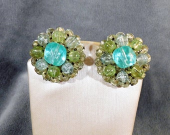 Marvelous Marvella Earrings Clip-Backs Vintage Costume c1940 Large Floral Beaded Aqua, Pale Lime & Clear Glass Beads Highly Collectible