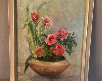 Belle nature morte florale ancienne signée datée 1961