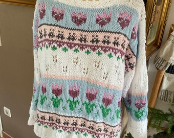 Handgestricker Baumwollpullover retro weiß bunt ca. Gr.L 40/42