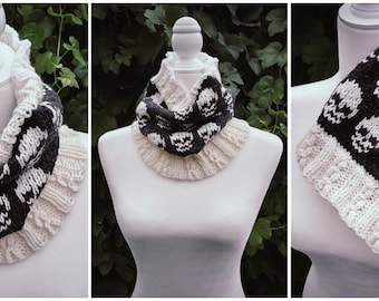 Twisted Skellies Cowl / neck warmer / Fair Isle / womens / teens / halloween / skulls / goth / Knitting Patterns PDF Instant Download ONLY