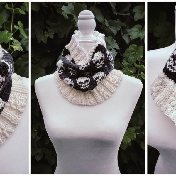 Twisted Skellies Cowl / neck warmer / Fair Isle / womens / teens / halloween / skulls / goth / Knitting Patterns PDF Instant Download ONLY