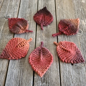 May include: Six knitted leaf-shaped pot holders in shades of red, orange, and brown. The pot holders are arranged in a circle on a wooden surface.