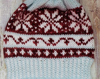 LOOM Knitting Patterns Fair Isle Beanie, Slouchy Winter Hat (PDF Download)
