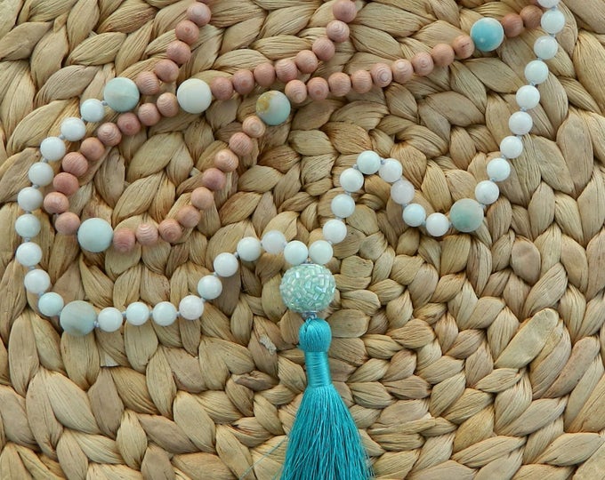 Featured listing image: Amazonite Crystal and Rose Wood Beaded Handmade Hand knotted Mala Tassel Necklace Meditation Amulet "Don't Quit Your Day Dream Mala"