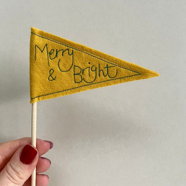 Christmas “merry & bright” topper flag, pennant, plant flag, Christmas flag, free motion embroidery,yellow,party flag,celebration, celebrate