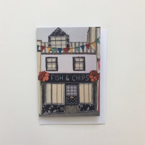 Wenskaart - print van originele kunstwerken, Cornwall kunst, Fish and chips, textiel, digitaal printen, gerecyclede kaart, 350gsm, A6, Cornwall