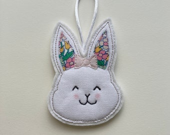 Easter bunny decoration, rabbit ornament, hanging decoration, fabric, embroidery art, embroidery,nursery decoration, baby girl, white, pink